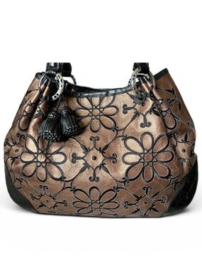 Brighton Valencia Metallic Bronze & Black Embroidered Leather Satchel Bag